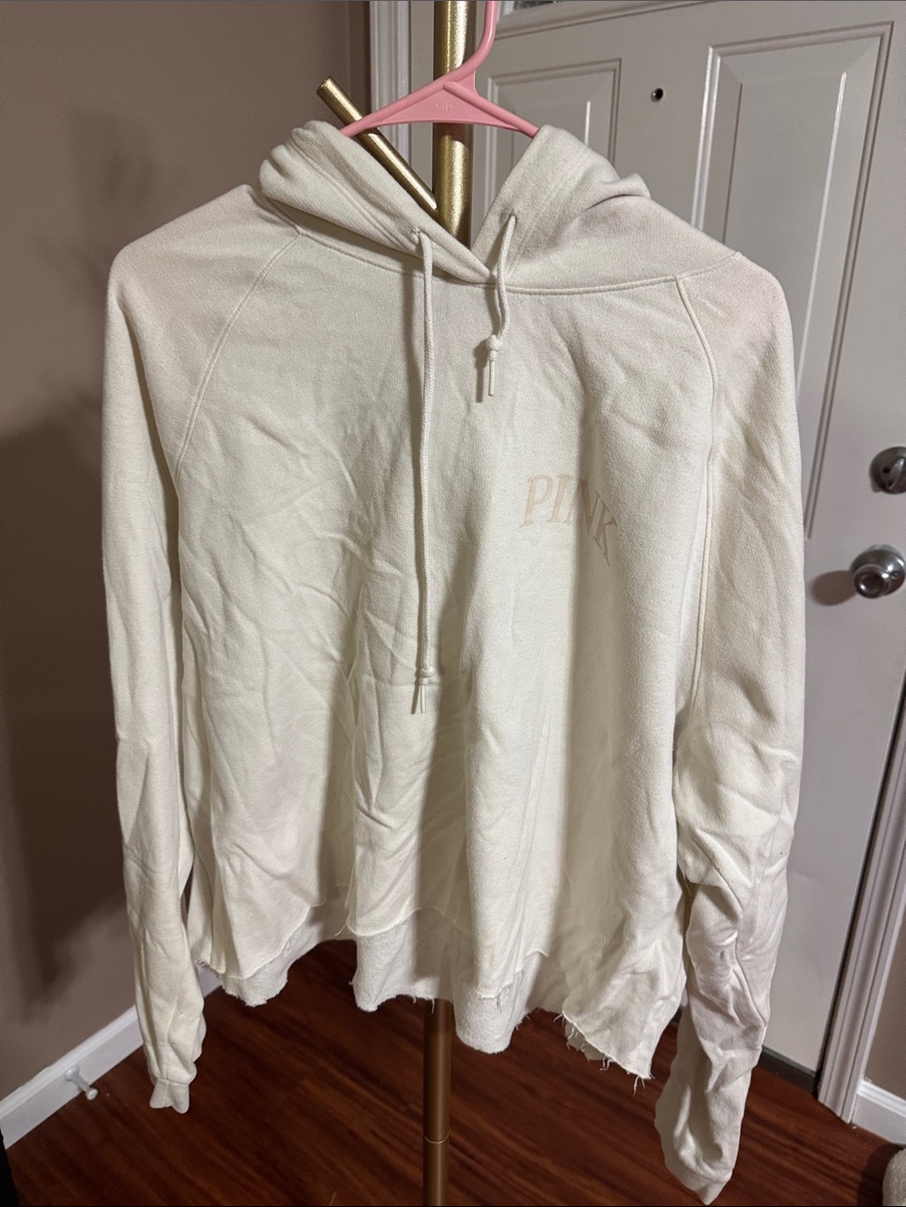 PINK Victoria's Secret Cream Distressed Drawstring Hoodie